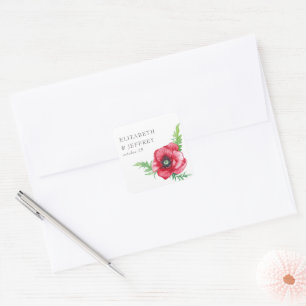 Rustiek Elegant Waterverf Script Red Poppy bruilof Vierkante Sticker