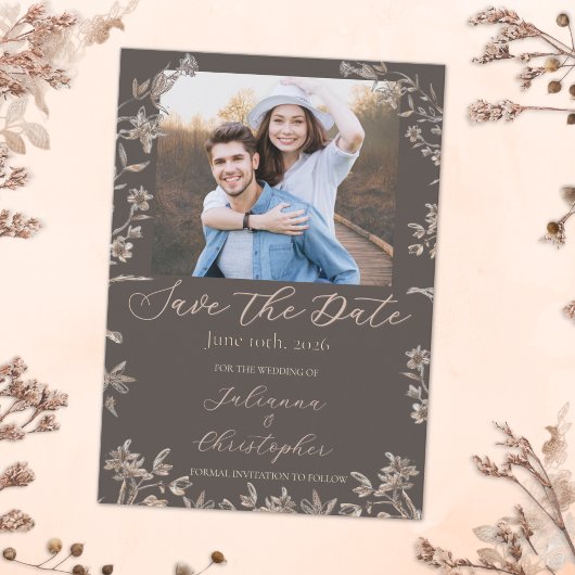 Rustiek Elegant Wildflowers Mocha Script Foto Save The Date