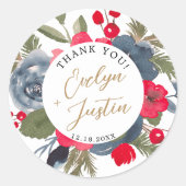 Rustiek Elegant Winter Bloemen rood groen dank u Ronde Sticker (Voorkant)