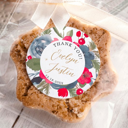 Rustiek Elegant Winter Bloemen rood groen dank u Ronde Sticker