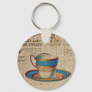 Rustiek Engels Country Tea Party Blauwe theekop Sleutelhanger