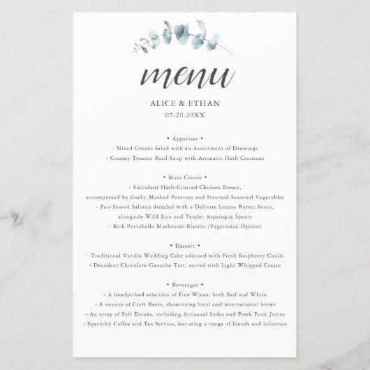 Rustiek Eucalyptus Script bruiloft menu (Voorkant)