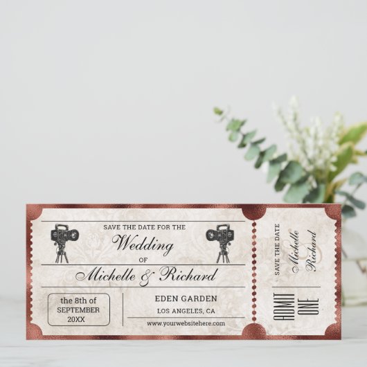  rustiek filmticket Save the Date Kaart (Staand voorkant)