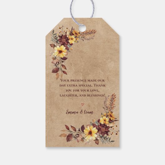 Rustiek Geel & Bourgondische Herfst Bloemen Huweli Cadeaulabel (Achterkant)