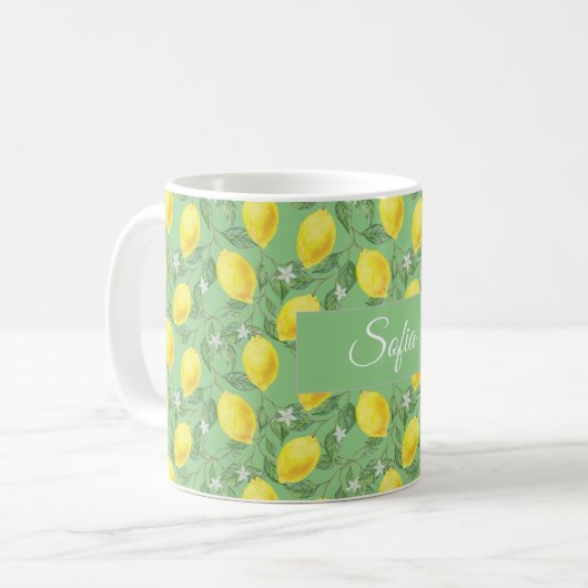 Rustiek geel citroen waterverf groen motief koffiemok (Voorkant links)