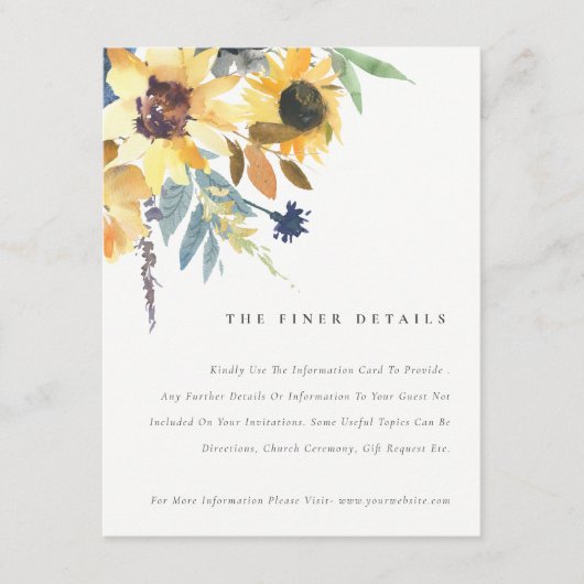 Rustiek Geel Marine Zonnebloem Bloemen Bruiloft De Informatiekaartje (Voorkant)