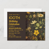 Rustiek  Geel Zwart Bloemen 100e Verjaardag Uitnodiging Briefkaart (Voorkant / Achterkant)