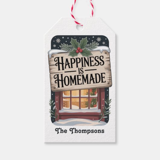 Rustiek "Geluk is zelfgemaakt" Kerstmis Cadeaulabel (Voorkant)