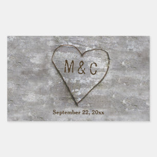 Rustiek gesneden berk hart monogram rechthoekige sticker