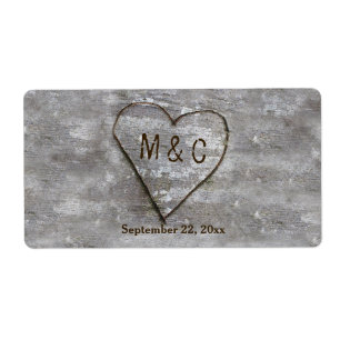 Rustiek Gesneden Berk Hart Monogram Water Fles Etiket