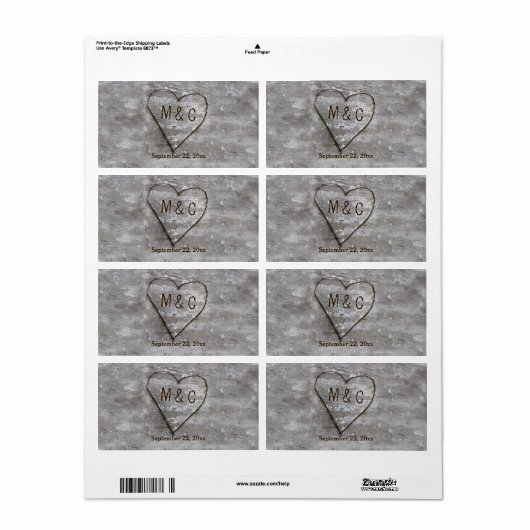 Rustiek Gesneden Berk Hart Monogram Water Fles Etiket (Full Sheet)