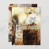 Rustiek gesneden boom en strijklichten Save the Da Aankondigingskaart (Voorkant / Achterkant)