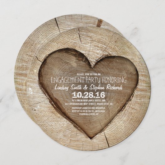 Rustiek gesneden boom hout hart verlovingsfeest kaart (Voorkant / Achterkant)