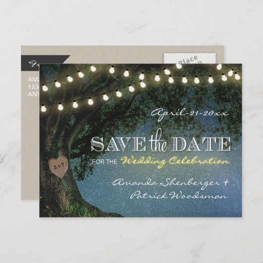 Rustiek gesneden eikenboom bruiloft Save the Date  Aankondigingskaart (Voorkant / Achterkant)