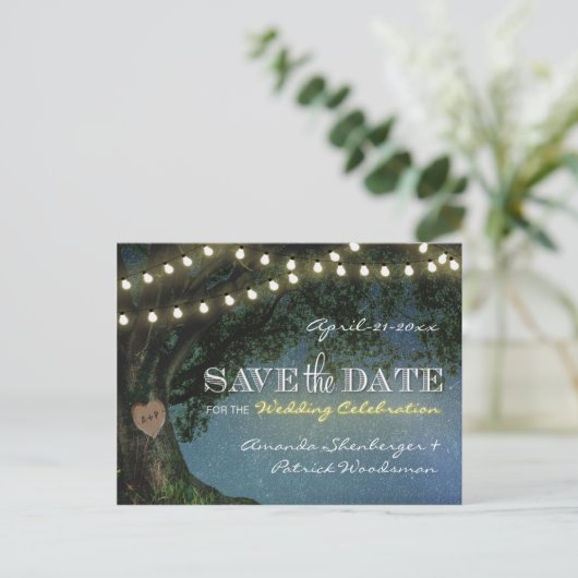 Rustiek gesneden eikenboom bruiloft Save the Date Aankondigingskaart (Staand voorkant)