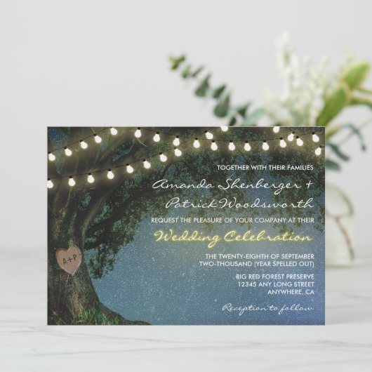 Rustiek gesneden hart eiken boom bruiloft uitnodig kaart (Staand voorkant)