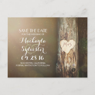 Rustiek gesneden hartboom Save the Date briefkaart