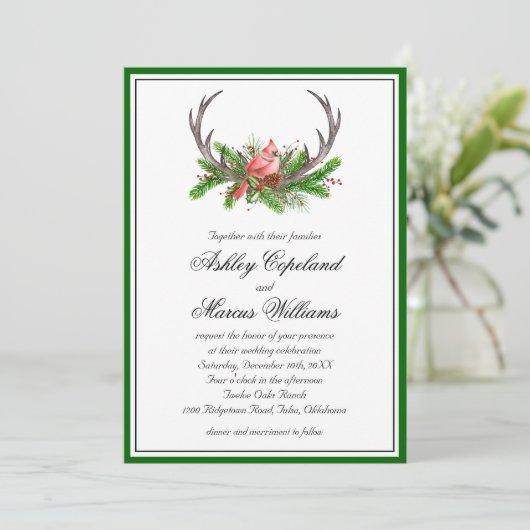 Rustiek gewei en kardinale bruiloft kaart (Staand voorkant)