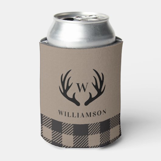 Rustiek gewei zwart buffel geruite monogram blikjeskoeler (Blikje Voorkant)