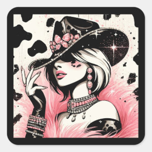 Rustiek Glam Cowgirl Roze Sparkle Koeienhuid Verja Vierkante Sticker