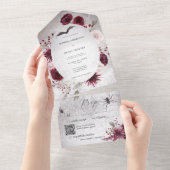 Rustiek Gotisch Zwart & Bourgondisch Bloemen QR Co All In One Uitnodiging (Afscheurbaar)