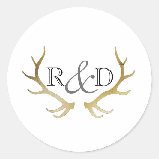 Rustiek Goud Antler | Elegant Initiaal bruiloft Ronde Sticker (Voorkant)