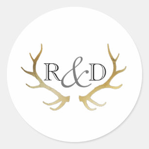 Rustiek Goud Antler   Elegant Initiaal bruiloft Ronde Sticker