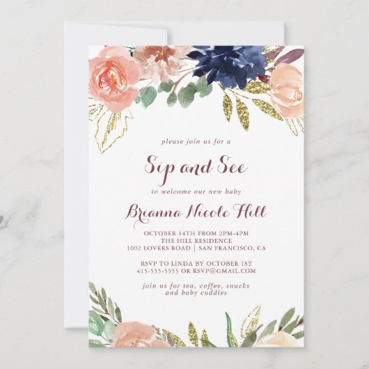 Rustiek Goud Bladeren Bloemenkalligrafie Sip and S Kaart (Voorkant)