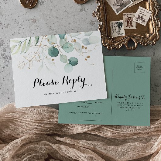 Rustiek Goud Bloemen Menu Keuze RSVP Briefkaart