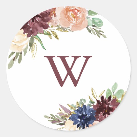 Rustiek Goud Bloemen Monogram Bruiloft Envelop Afd Ronde Sticker (Voorkant)