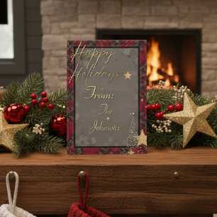 Rustiek Goud Elegant Rood Plaid Kerst Kaart