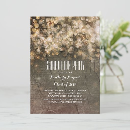 Rustiek Goud Glitter Lights Hout Graduation Party Kaart (Staand voorkant)