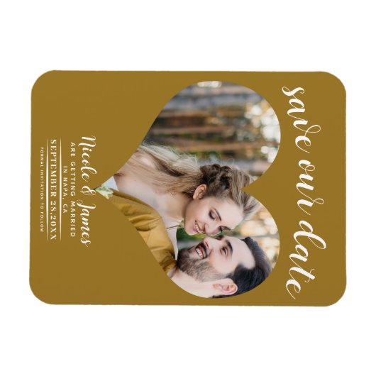 Rustiek Goud Hart Foto Bruiloft Save the Date Magneet (Horizontaal)