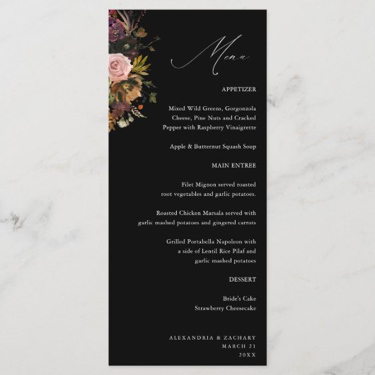 Rustiek Goud, Paarse & Roze Bloemen 4 Zwart Tall Menu (Voorkant)