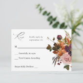 Rustiek Goud, Paarse & Roze Bloemen no Meal v2 RSVP Kaartje (Staand voorkant)