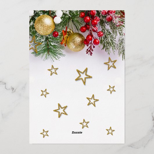 Rustiek Gouden Bubbels & Gouden Sterren Kerstfeest Folie Uitnodiging (Achterkant)