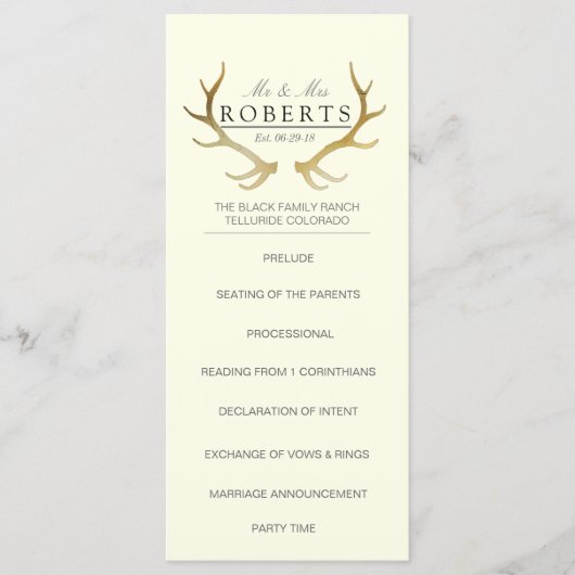Rustiek Gouden gewei | Elegante bruiloft Rackcard Programma (Voorkant)