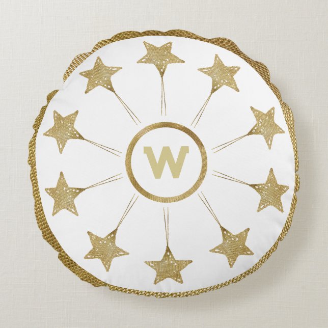 Rustiek gouden sterren patroon op wit monogram rond kussen (Voorkant)