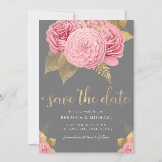 Rustiek Grijs Goud Stoffig Roze Bloemen Huwelijk Save The Date (Voorkant)
