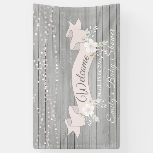 Rustiek grijs hout blush lint baby shower spandoek (Verticaal)