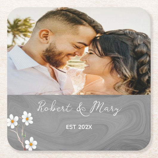 Rustiek Grijs Hout Custom Foto Bruiloft Onderzette Vierkante Kartonnen Onderzetter (Voorkant)