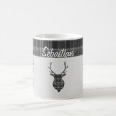 Rustiek grijs tartan patroon en hert hoofd gewei koffiemok (Center)