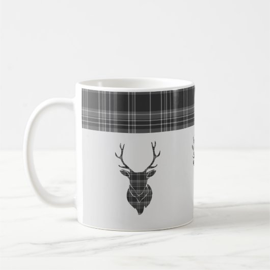 Rustiek grijs tartan patroon en hert hoofd gewei koffiemok (Links)