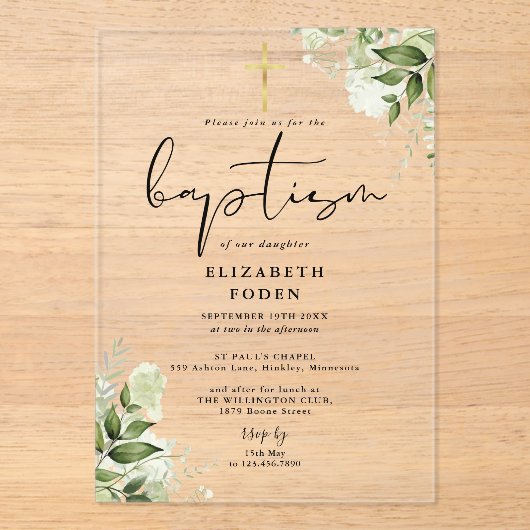 Rustiek groen Bloemen Elegante moderne doop Acryl Uitnodigingen (Voorkant)