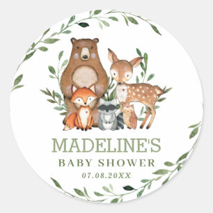 Rustiek groen bosdieren Baby shower gunst Ronde Sticker