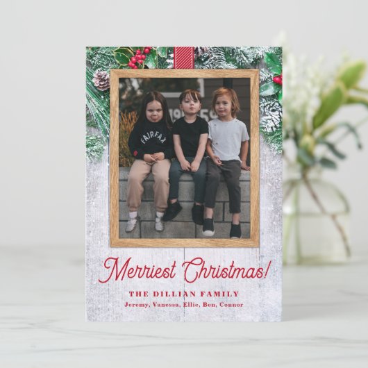 Rustiek groen en hout Kerstmis Foto Feestdagenkaart (Staand voorkant)