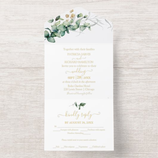 Rustiek groen eucalyptus kalligrafie bruiloft all in one uitnodiging (Binnenkant)