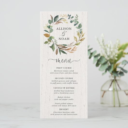 Rustiek groen gebladerte botanische bruiloft menu (Staand voorkant)