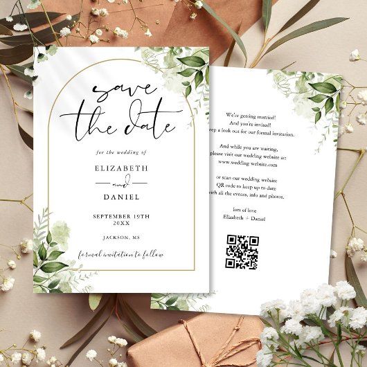 Rustiek groen gouden boog QR code bruiloft Save The Date