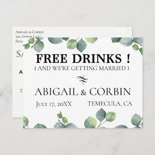 Rustiek groen GRATIS DRINKEN Save the Date Aankondigingskaart (Voorkant / Achterkant)